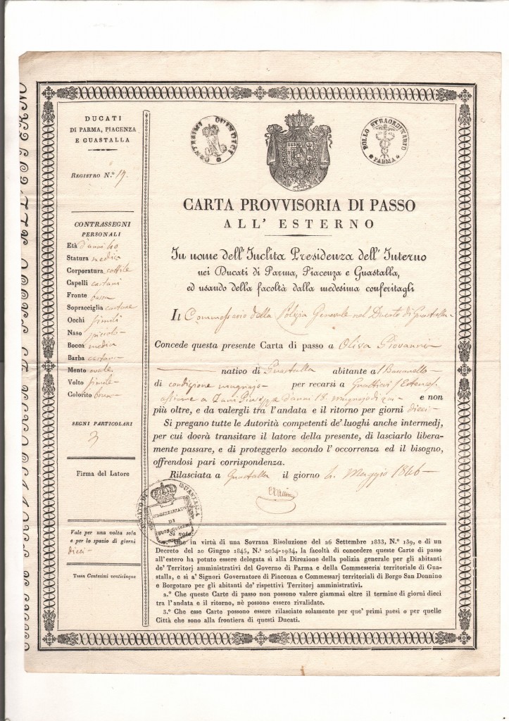 1846 Carta Provvisorio di Passo Ril a Guastalla Ducati di Parma Piacenza e Guastalla