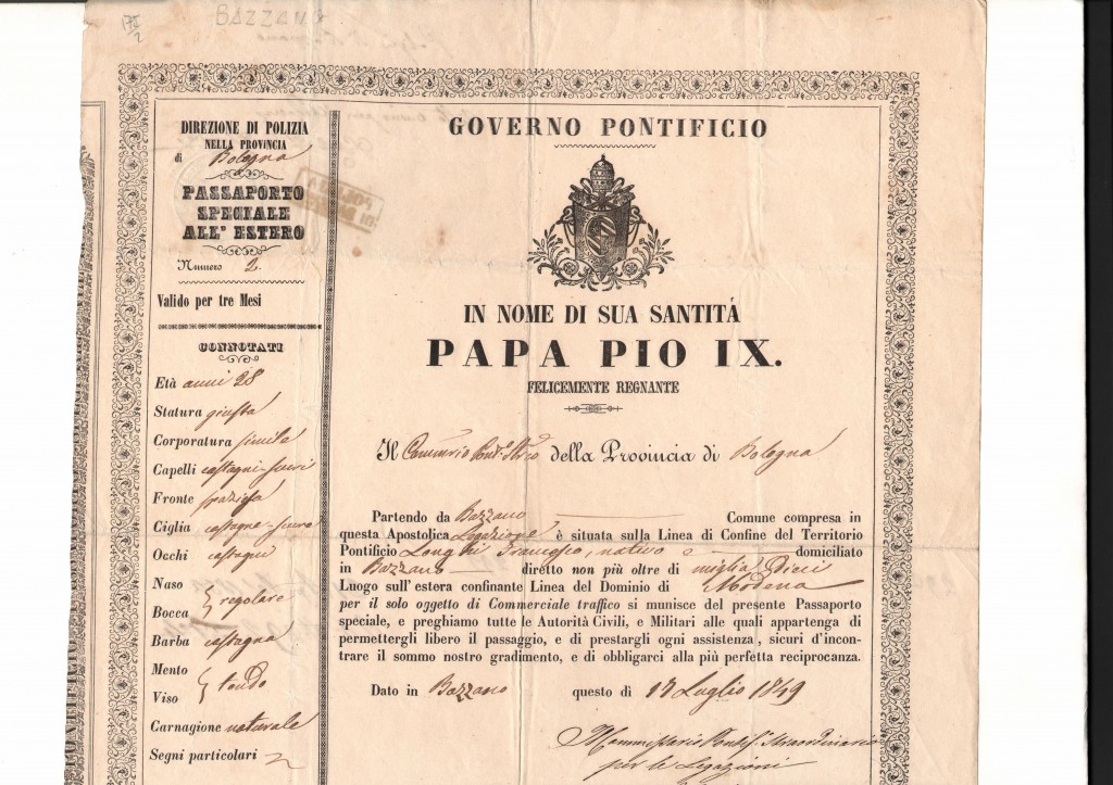 1849 Papa Pio IX dato in Bazzano
