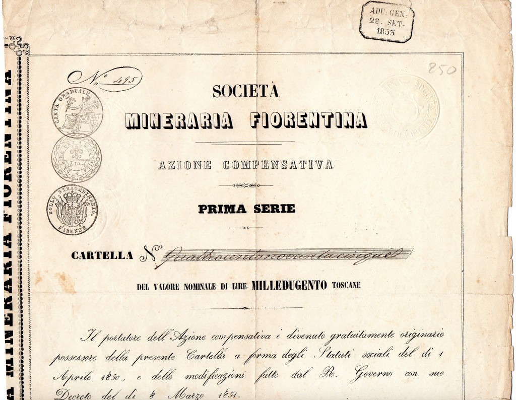 Soc, Mineraria Fiorentina az compensativa prima serie da 1200 lire Toscane Firenze 1850