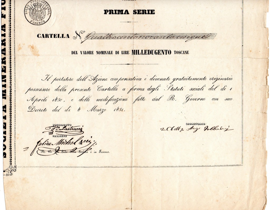 1851-Soc. MinerariaFiorentina 1 serie di 1200 lire Toscane