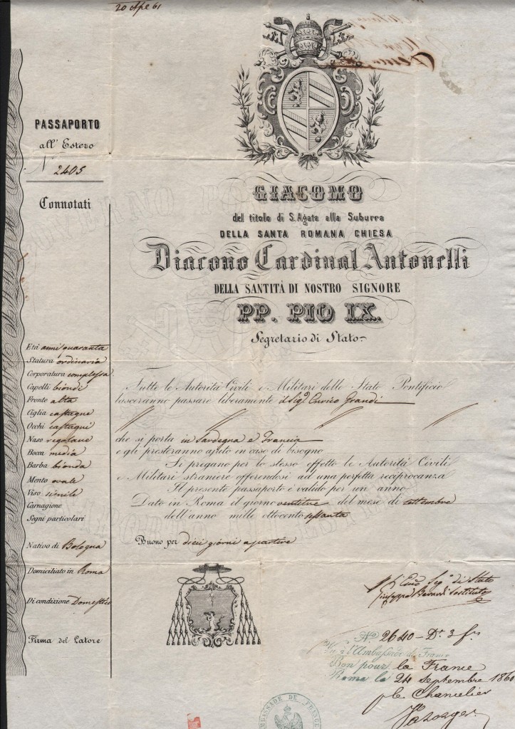 1860 Giacomo ecc,Diacono Cardinale Antonelli Dato in Roma