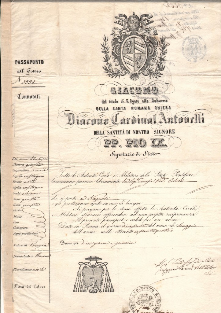 1864 Giacomo ecc,Diacono Cardinale Antonelli Dato in Roma a Teresa vedova Letotti x Napoli