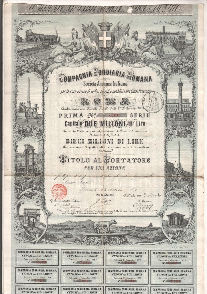 1872 Compagnia Fondiaria Romana ril a Roma da 1 az--Lit Italiana O.Coen Roma