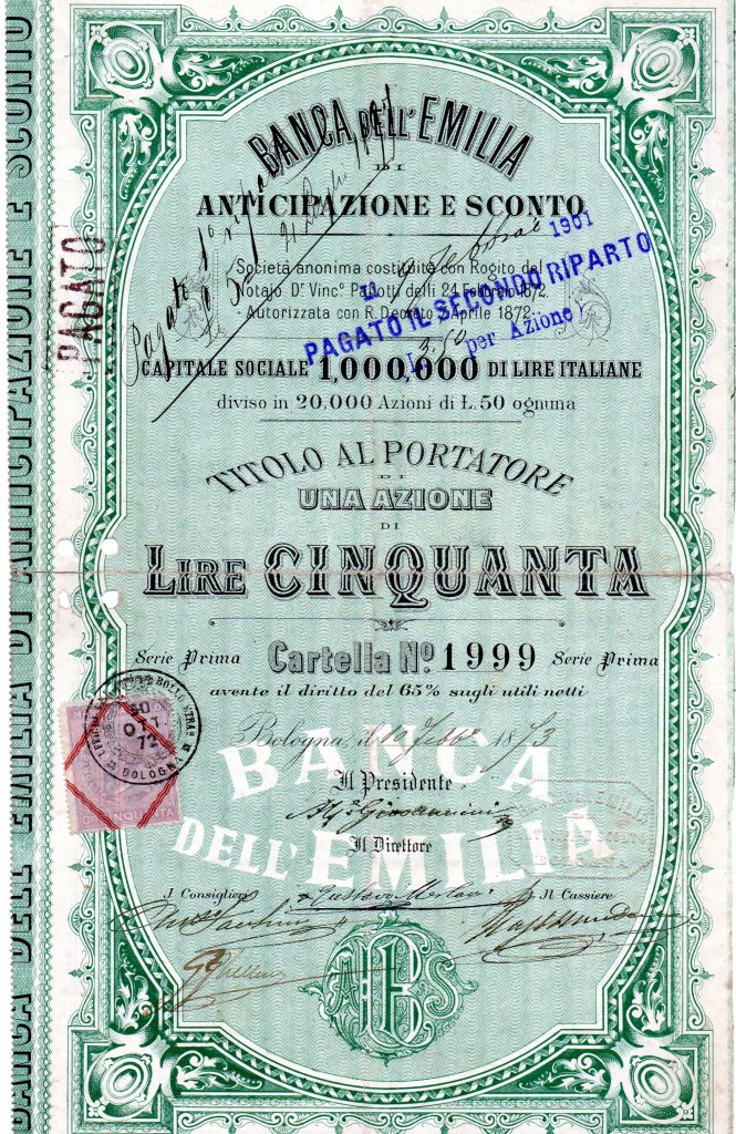 Banca dell'Emilia di Anticipazionie sconto az da 50 lire Bologna 1873