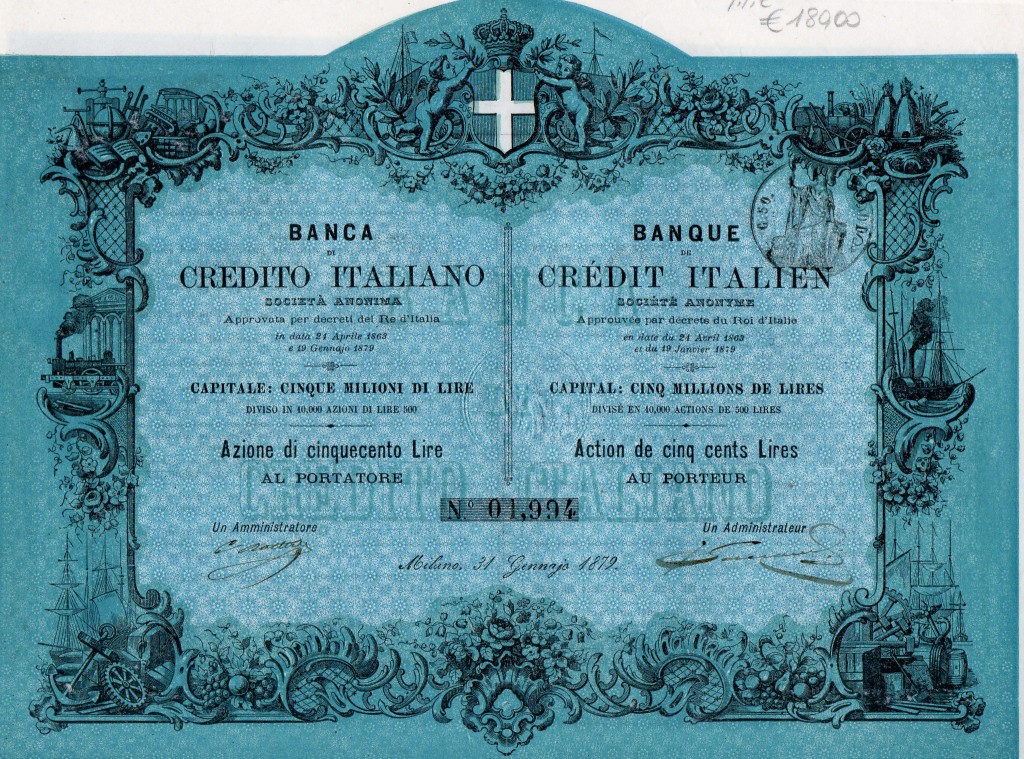 Banca di CreditoItaliano azda 500 lire Milano 1879