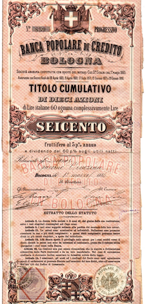 Banca Popolare di Creditoin Bologna 10 az 600 lire Bologna 1886