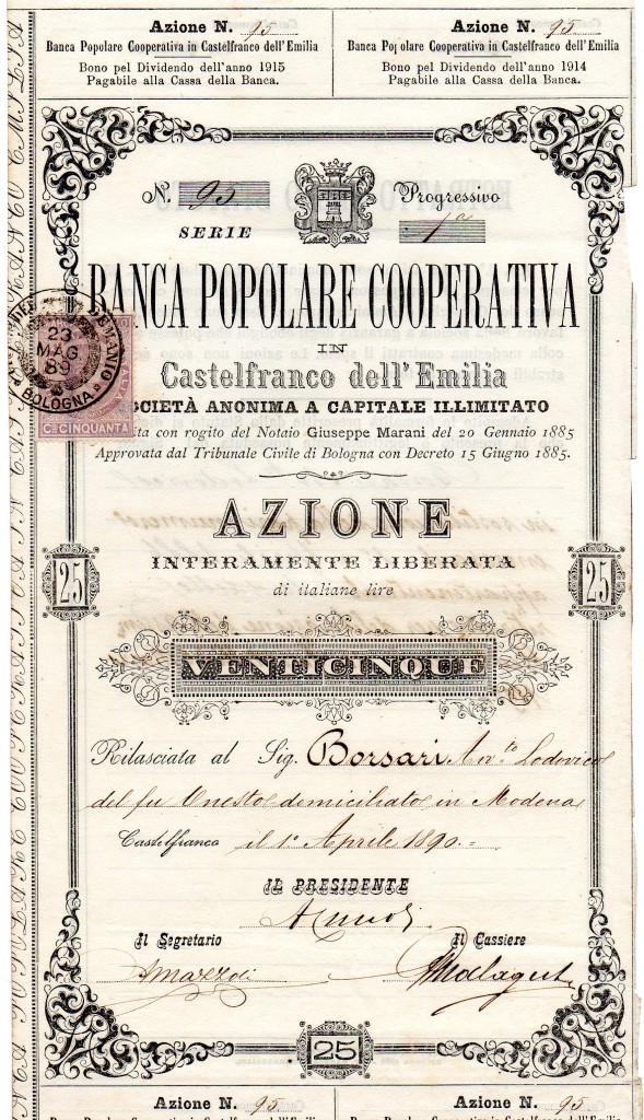 1890 Banca Popolare Cooperativa in Castelfranco Emila Modena