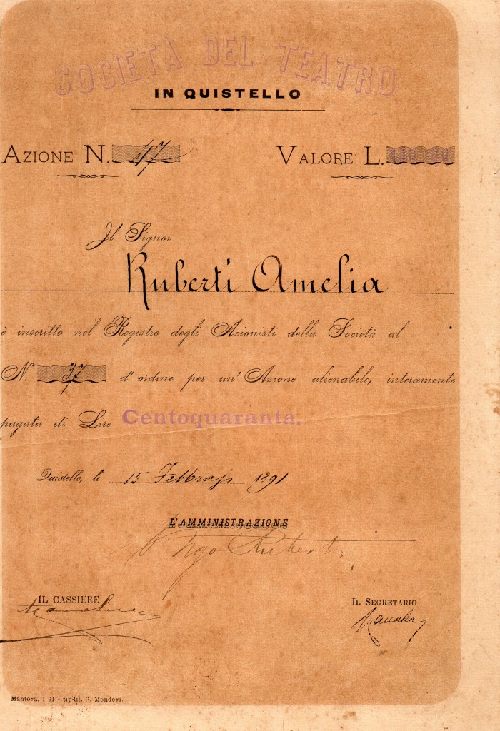 Societa' del Teatro in Quistello da 140 lire Quistello Mantova 1891