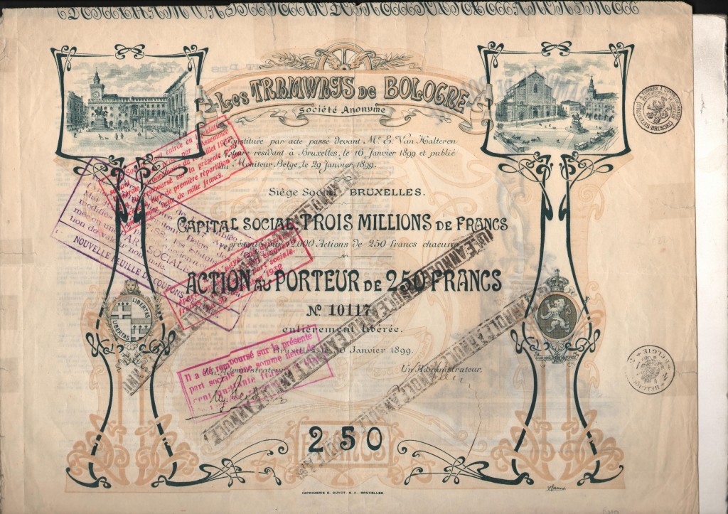 1899 Azione''Les Tramways de Boulogne'' rilasciata a Brussel da 250 Obbligazioni