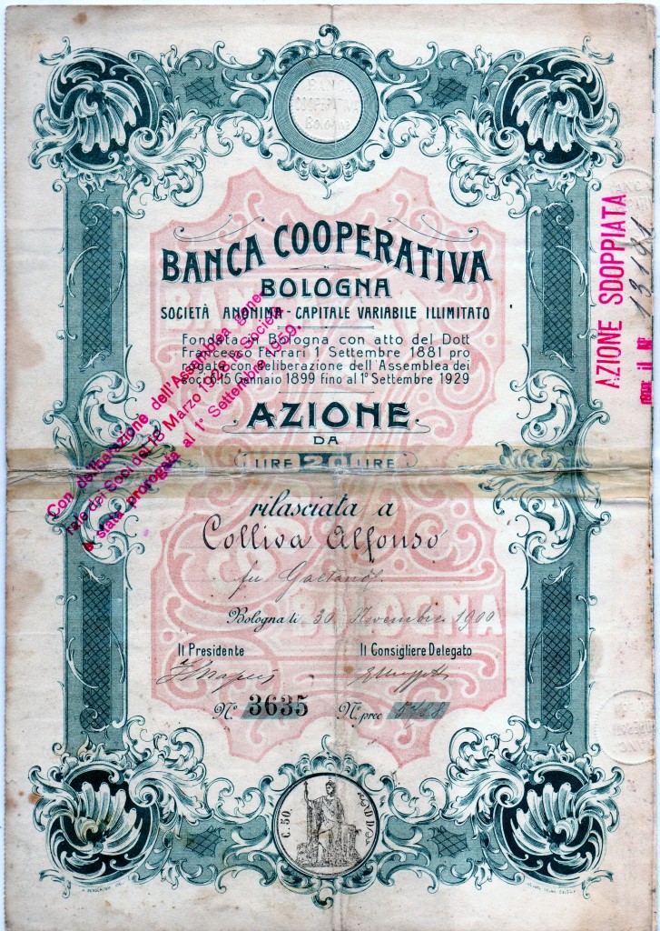 Banca Pololare di Bologna az da 20 lire Bologna 1900