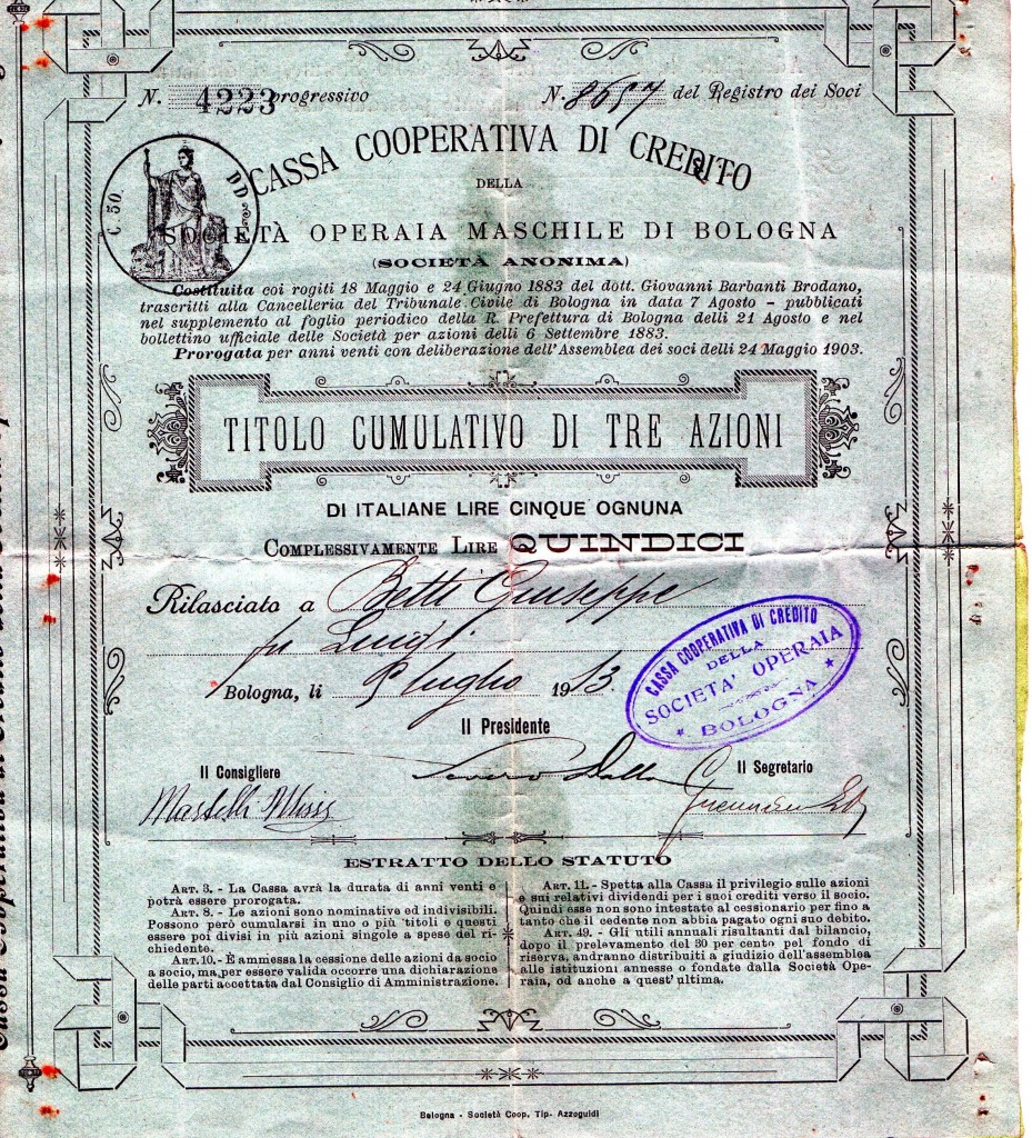 1913 Cassa Cooperativa di Credito della soc Operaia di Bologna