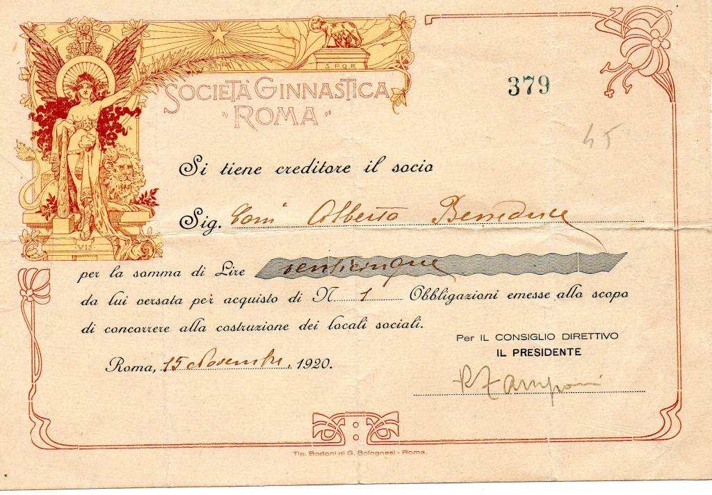 1920 Azione''Societa' Ginnastica Roma'' rilasciata a Roma