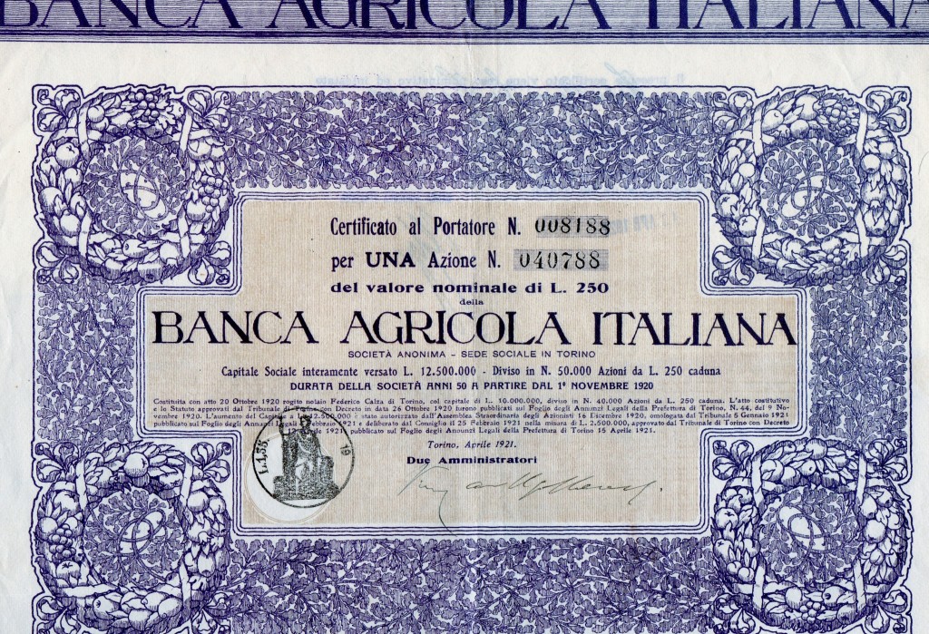 Banca Agricola Italiana 1 azda 250 lire Torino 1921 ( dis Aldo Brusa) N.CAT.