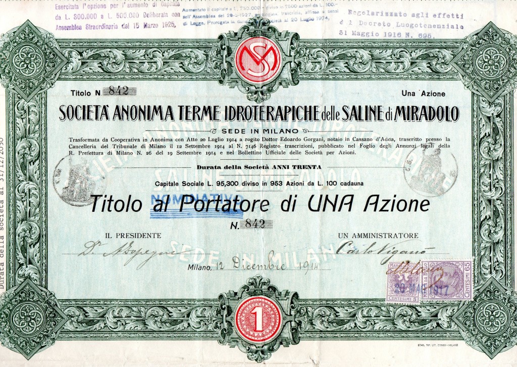 1921 Soc.An, Terme Idroterapiche delle Saline Di Miradolo Milano titolo da i az