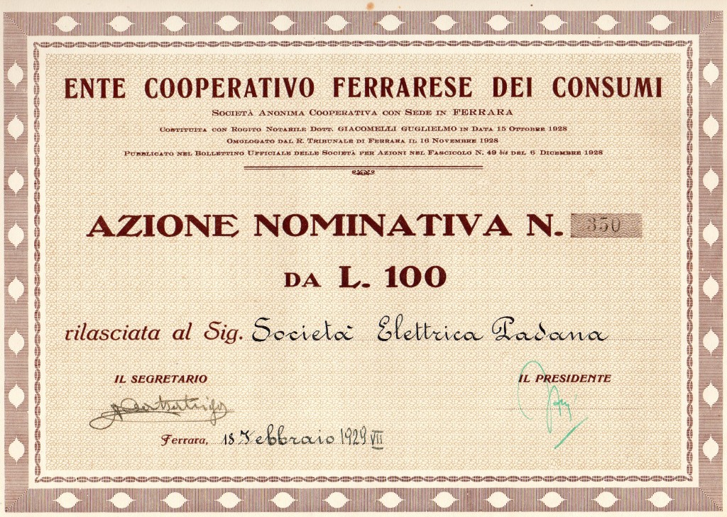 Ente Coop Ferrarese dei Consumi az da 100 Ferrara 1929