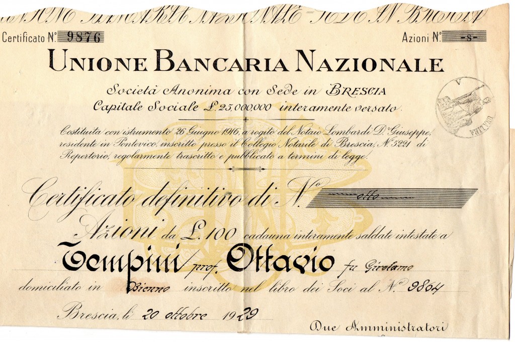 1929 Unione Bancaria Nazionale Brescia