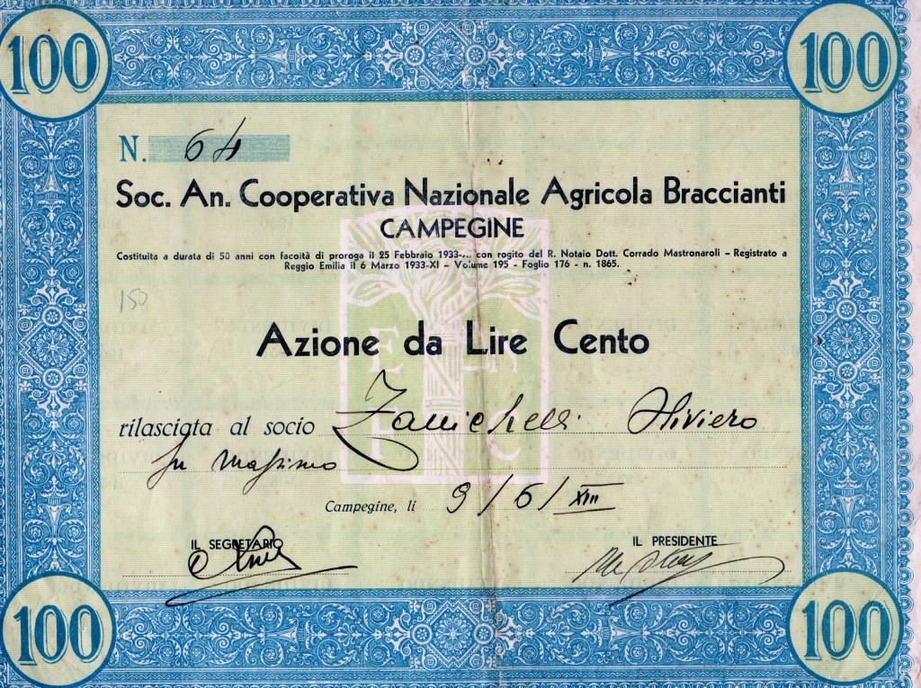 1933 Soc,An.Coop,Nazionale Braccianti di Campegine Reggio Emilia