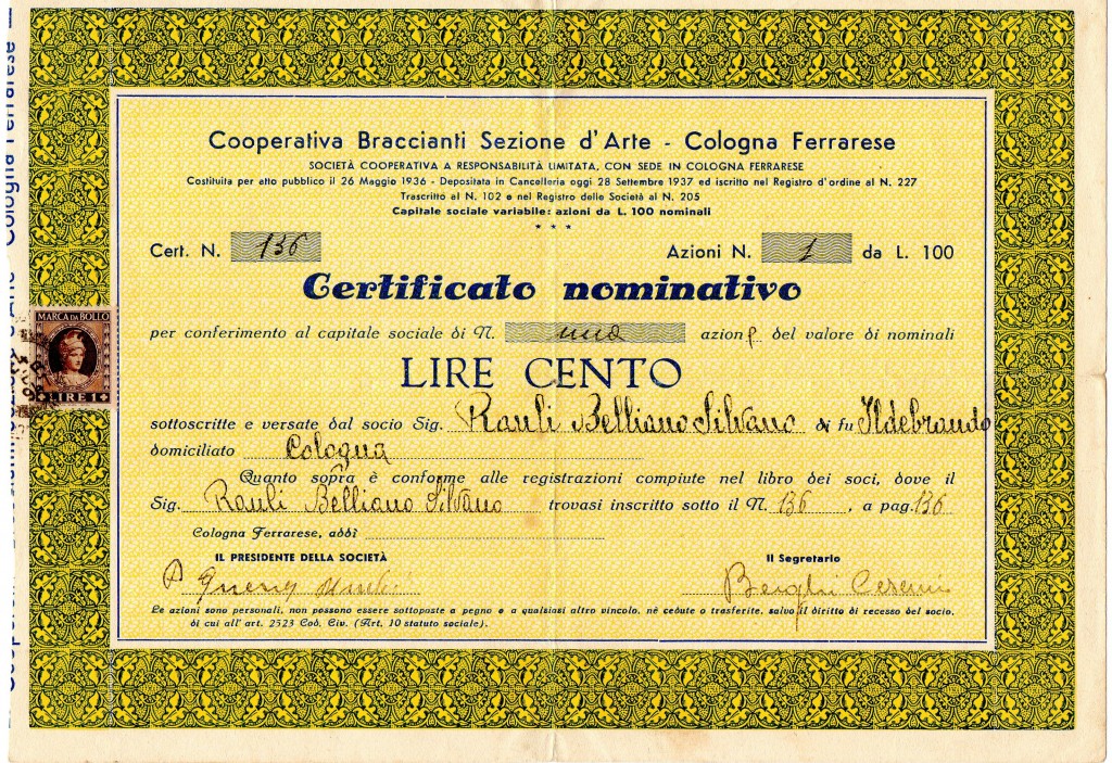 1937 Coop,Braccianti d'Arte sezione Cologna Ferrarese