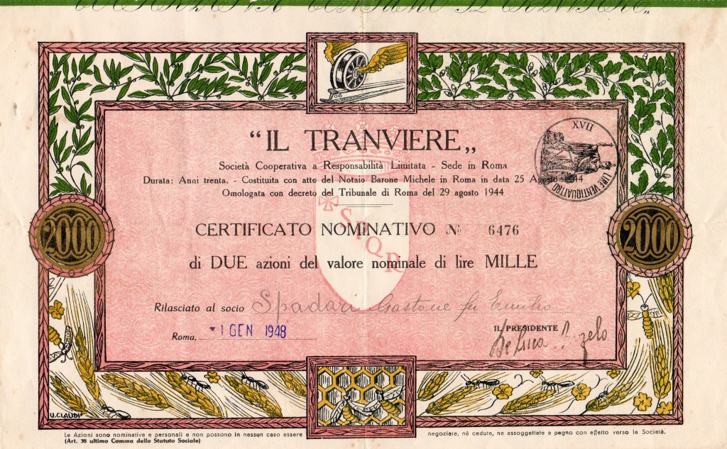 1948 Azione''il Tranviere'' rilasciata a Roma