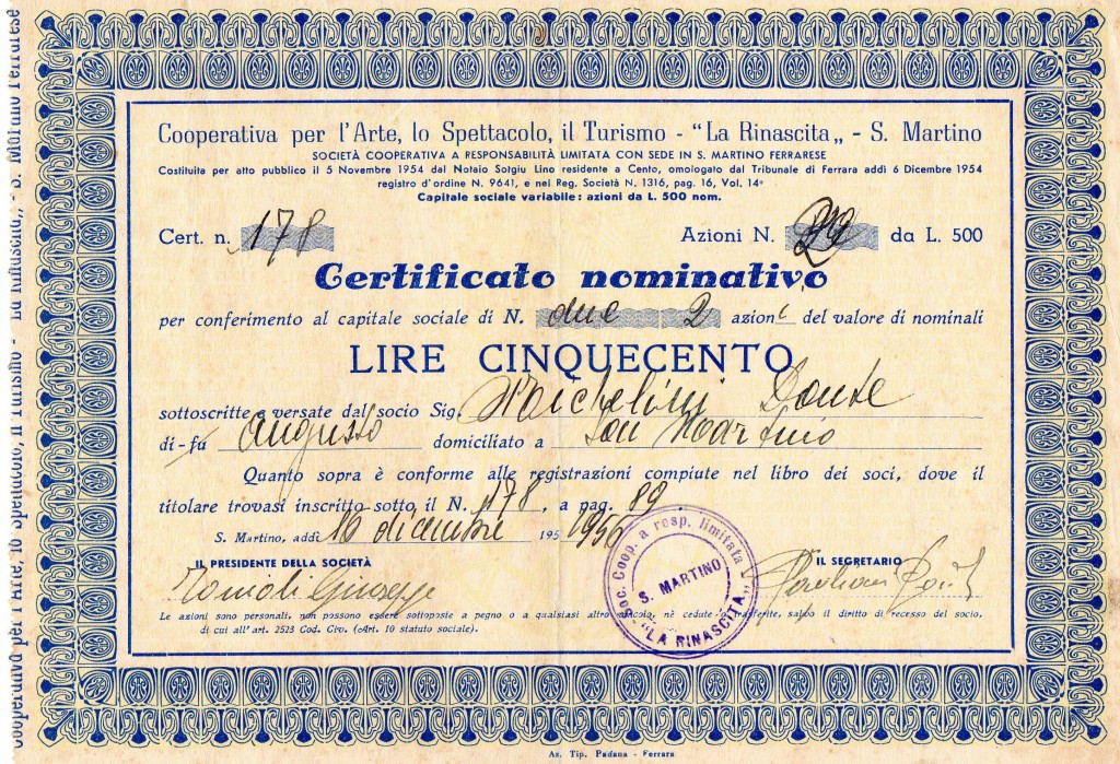 Compagnia per L'arte lo Spettacolo il Turismo La Rinascita San Martinoda 500 lire San Martino ----Ferrara 1955 2pz