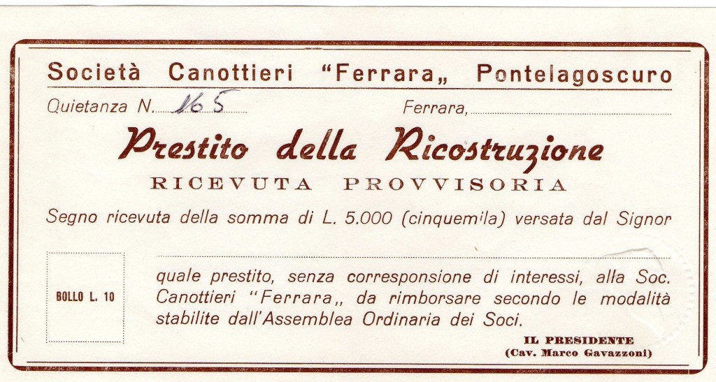 1960-1 Soc.Canottieri ''Ferrara'' Pontelagoscuro Titolo provv. dal.5000