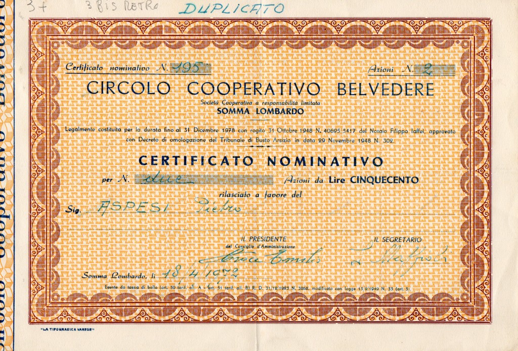 1972 Circolo Cooperativo Belvedere ''Rilasciato a Somma Lombardo Varese