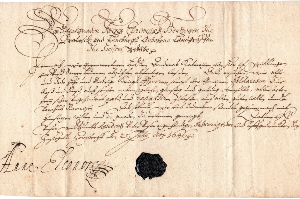 1636 Reisepass a firma Principessa Anna Eleonora (guerra dei 30anni)