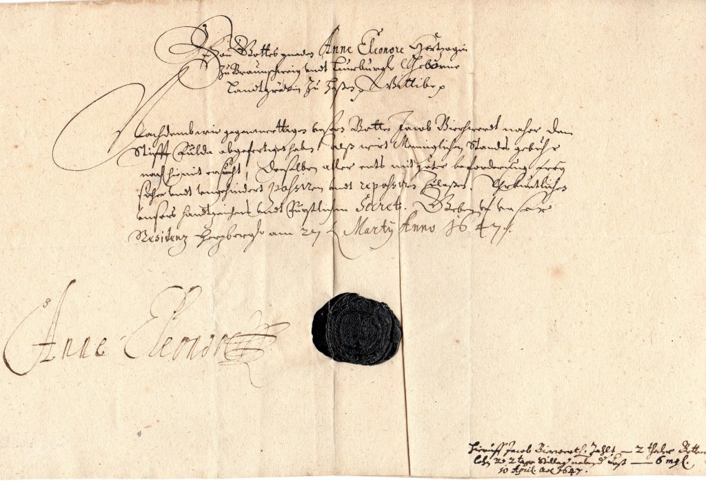 1647 Reisepass a firma Principessa Anna Eleonora Germany Guerra dei 30 anni