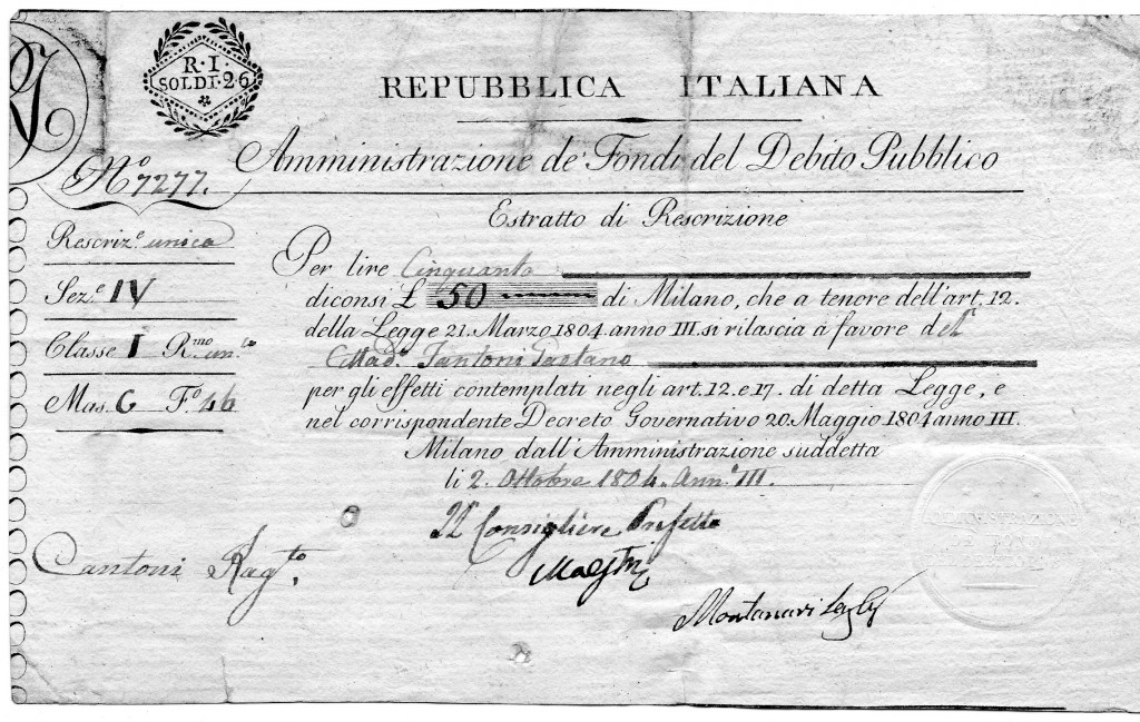1804 Regno D'Itali Amministrazione del Fondo del Debito Pubblico Estratto di Rescrizione Milano