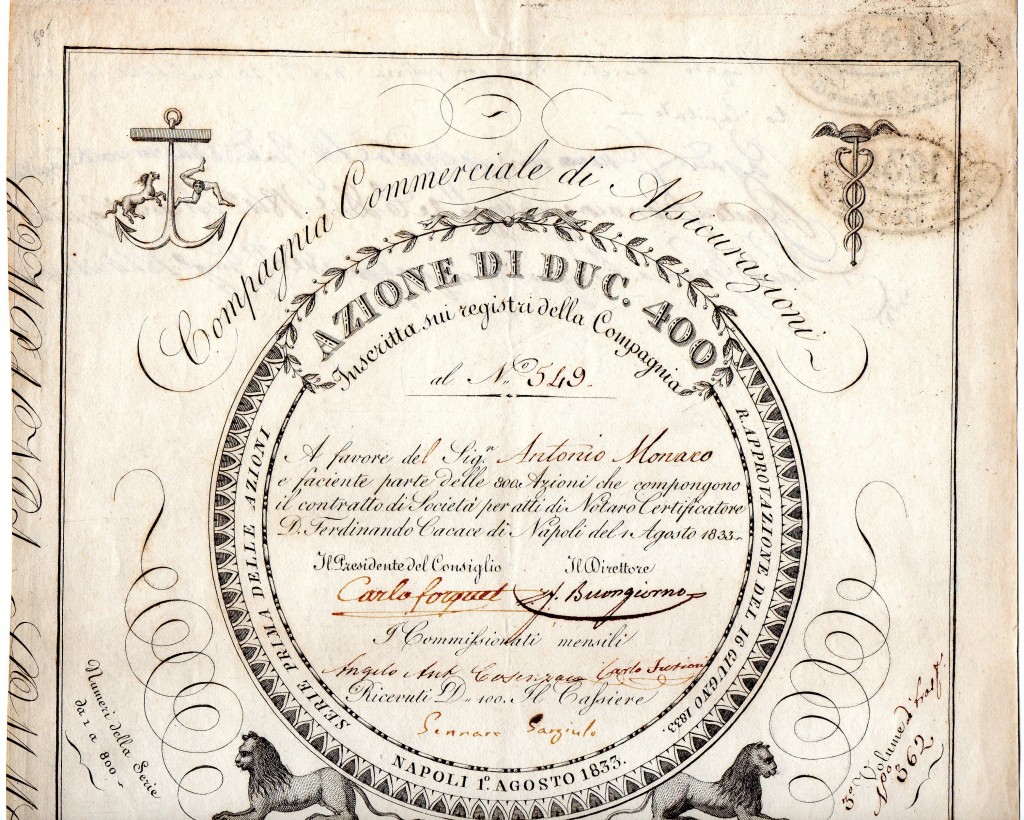 1836 Compagnia Commerciale di Assicurazioni Napoli da 400 ducati-