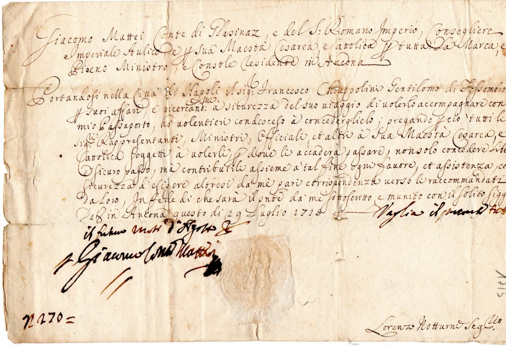 1715 Lasciapassare ''Giacomo Mattei Conte di Glasinaze del Sacro Romano Impero ecc,,dato a