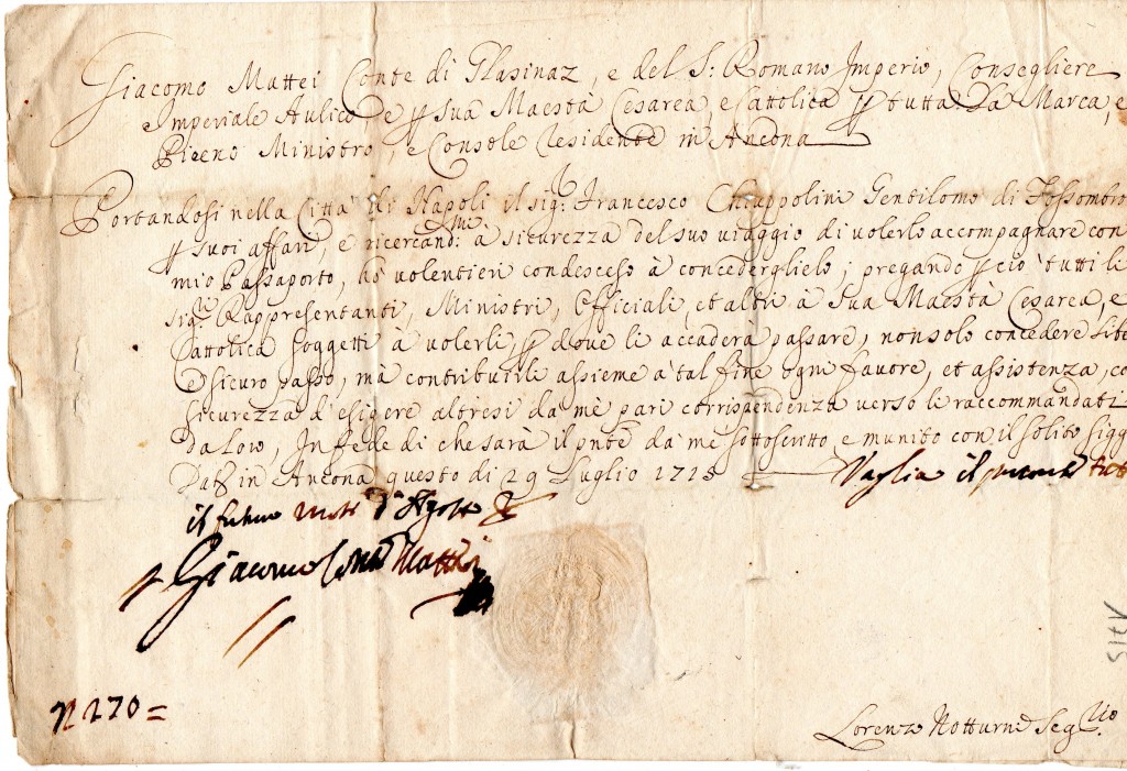 1715 Lasciapassare ''Giacomo Mattei Conte di Glasinaze del Sacro Romano Impero ecc,,dato a