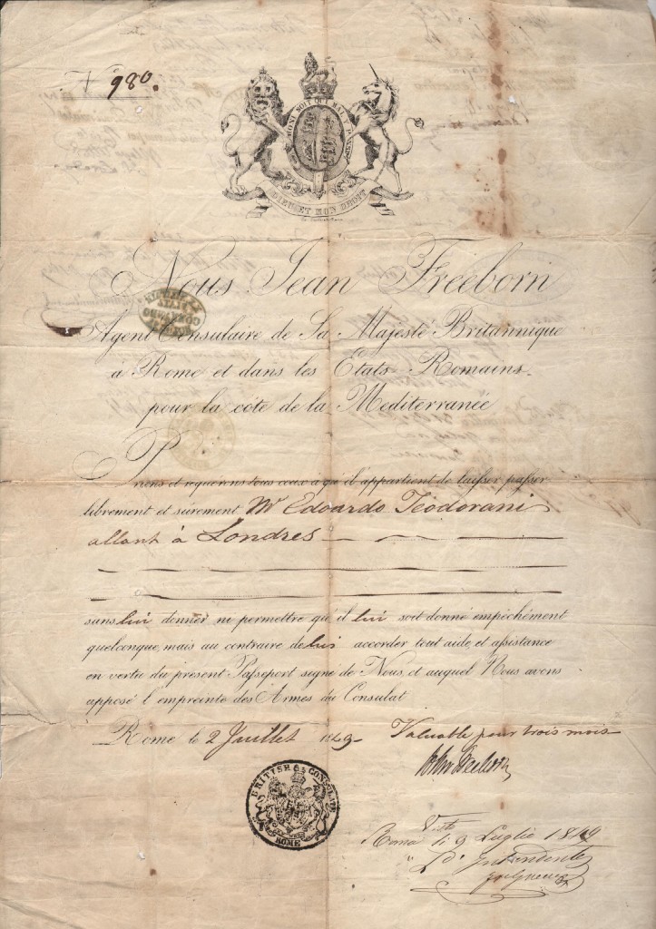 1849 Passport Consolato Britannique una Roma versare Etats Romains et la Cote 'Mediterranee''Nous Jean Freebors' 'rilasciato ad Edoardo Teodorani Che si reca a Londra date a Roma