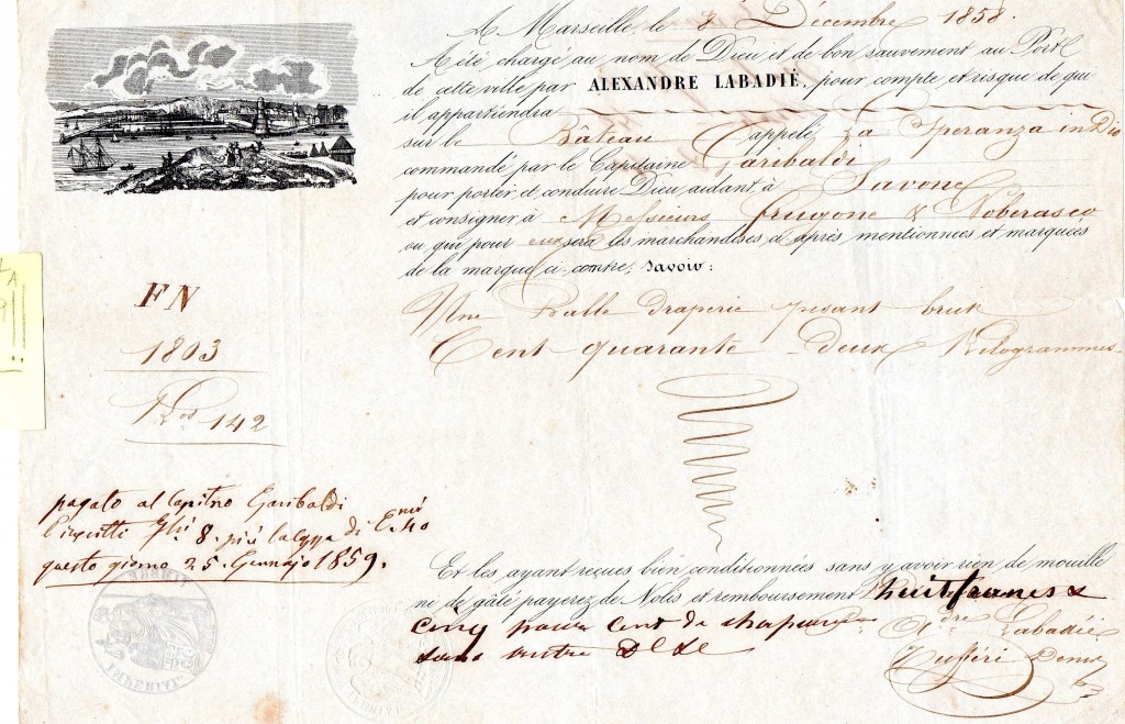1859 Lettera di Carico da Nizza a Savona x il Capitano Garibaldi ( DA STUDIARE FORSE ERA LO ZIO )