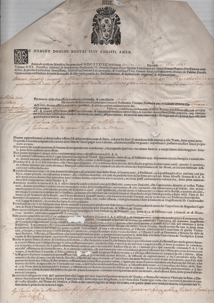 1635 Lettera di Credito in Pergamena data a Andrea Laurenti de Medici Periodo Papa Urbano VIII e Francesco II Duca di Etruria