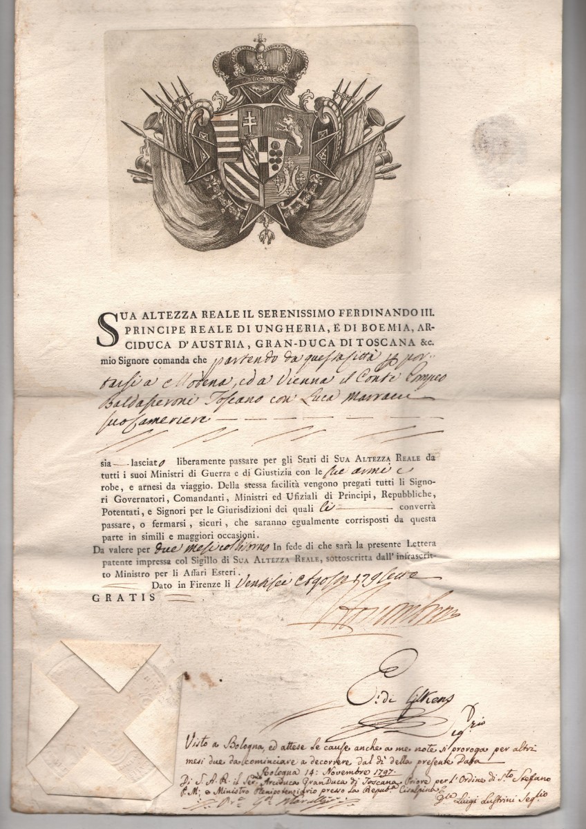 1797 Passaporto ''Ferinando III Granduca di Toscana ecc'''Rilasciato a Pompeo Baldasseroni che si porta a Modena e Vienna (Importante Famiglia Storico Politica Ambasciatori presso numerosi Stati -Corti Italiane ed Europee) Rilas