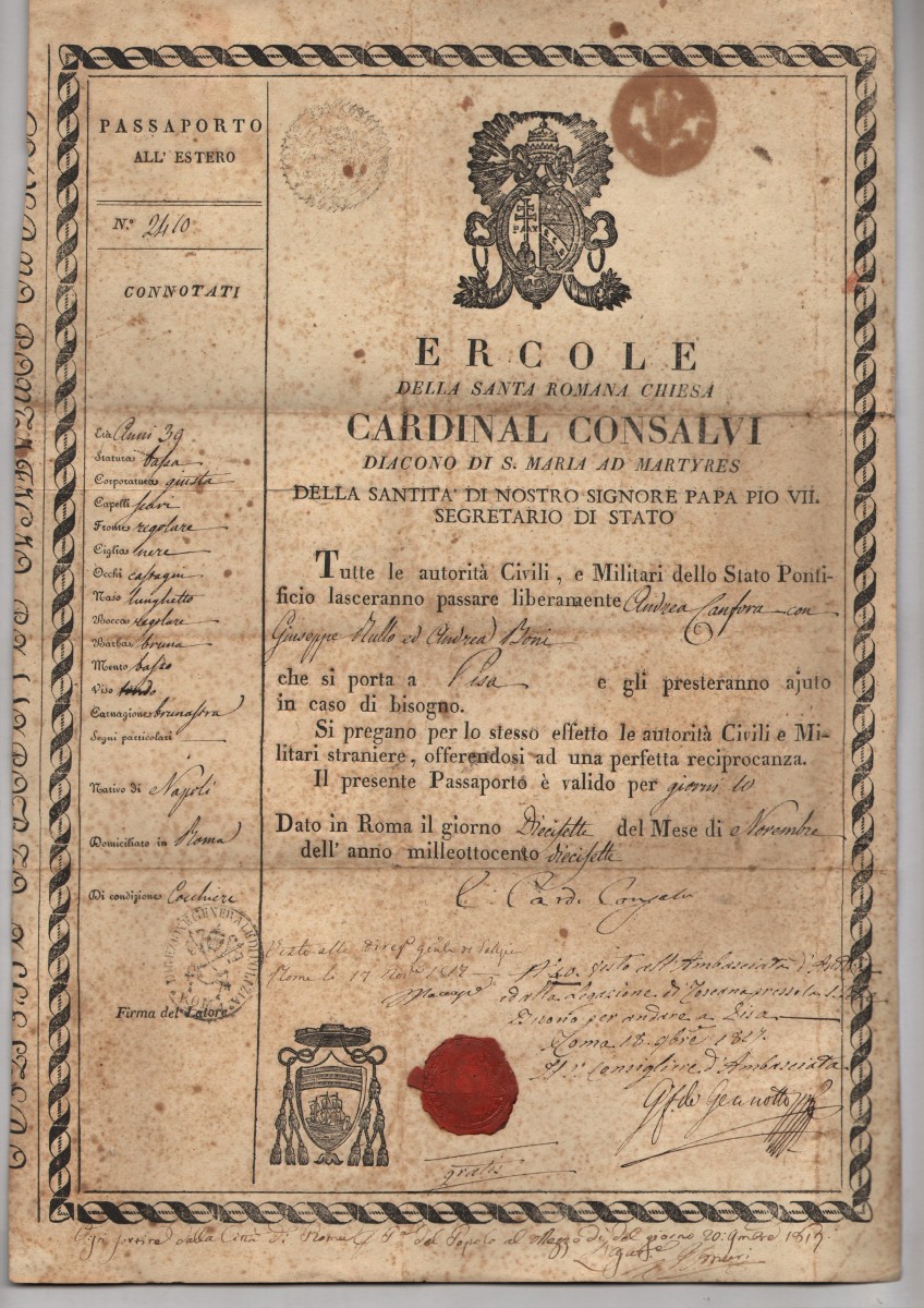 1817 Passport Ercole-Cardinal Consalvi dato a Pisa per Roma