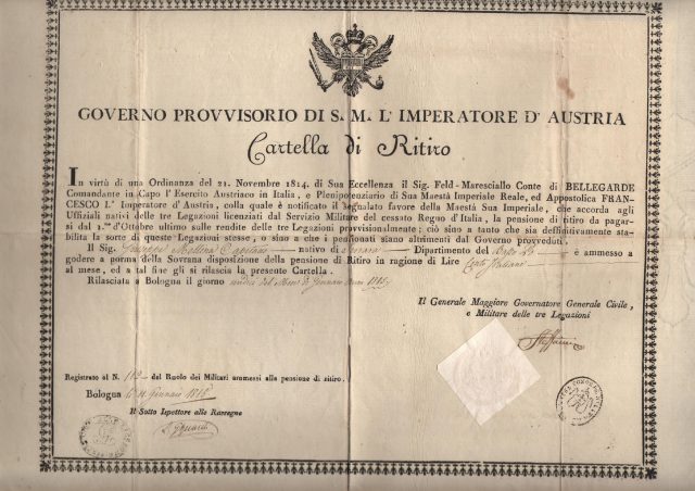 1815 Governo Provvisorio di Sua Maesta' Imperatore d'Austria''Cartella di Ritorno'' Diritto di Pensione di l.100 italiane al mese agli appartenenti alle 3 Legazioni data a Bologna al Capitano Giuseppe Mellina di Ferrara