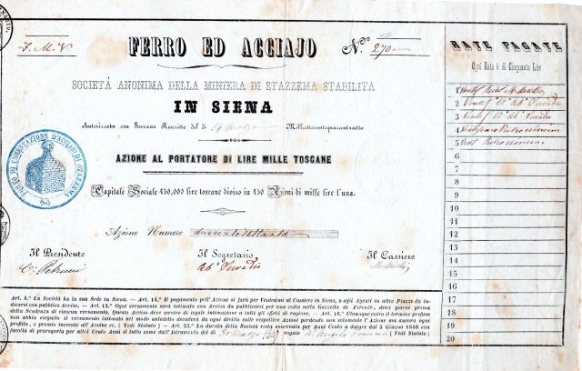 Ferro ed Acciaio miniera di Stazzena Stabilita in Siena azione da 1000 lire toscane Siena 1847