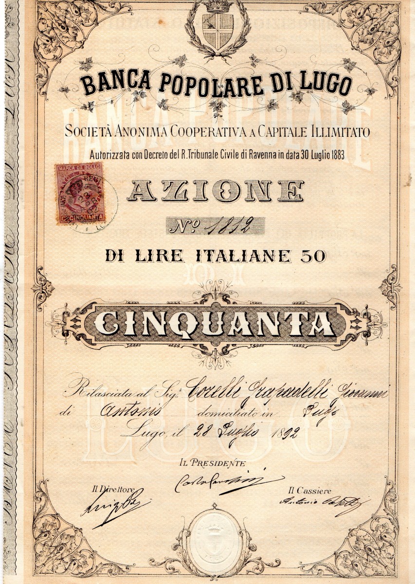 1892 Banca Popolare di Lugo 'Certificato Aziuonario di Fondazione