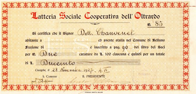 1927 ''Latteria Sociale Cooperativa dell'Oltrarbo''' dato a Cusighe