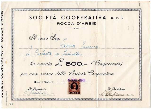 1949 Soc,Coop ''Rocca D'Arsie'' data a Rocca d'Arsie'