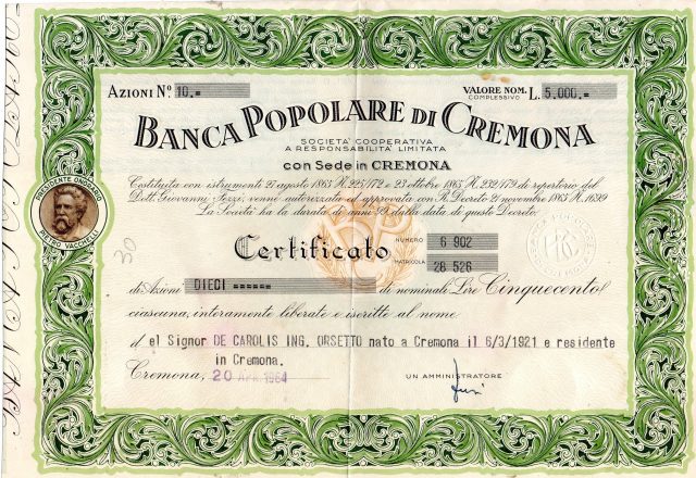 1964 Banca Popolare di Cremona ril a Cremona certificato Azionario