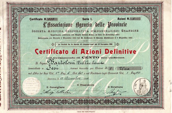 1906 ''L'Associazione Agraria delle Province'' Soc.An.Coop.D'Assicurazioni Grandine data ad Ancona Azione da Lire100