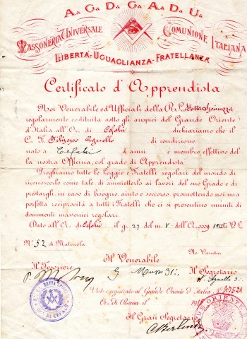 1915 Diploma certificato di Apprendista rilasciatoa Filigoro Agnello di Cefalu' Sicilia