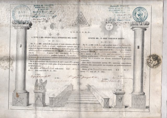 1865 Grand Oriente d'Italia '' titolo Distintivo Archimede Ordine Valledi oreto''dato a Caterinich Giovanni grado di Maestro a Palermo
