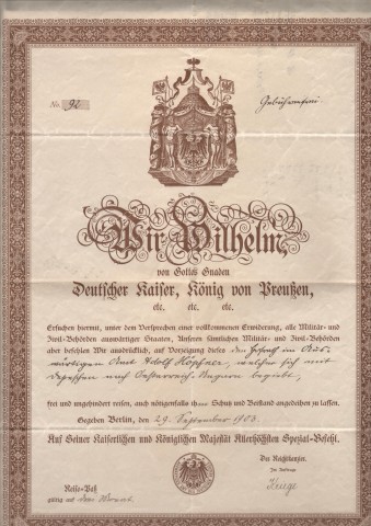 1903 Reisepass”Nous Guillame par la Grace de Dieu Empereur D’Allenagne et Roi de Prusse ecc ecc” rilasciato a Berlino al Signor Adolphe Hopfner,segretario e Consigliere del Dipartimento degli Affari Esteri,che si reca,latore di d