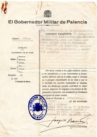 1937-Lasciapassare ,rilasciato al Comandante Legionaro Castronuovo Giovanni a Palencia -Salamanca