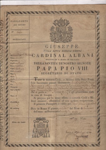 1830 Oassaporto ''Giuseppe Cardinal Albani. Segretario di Stato di Papa Pio VIII Rilasciato a Jsach Mose' Fano Romano, Ebreo Mercante in Roma che si porta a Fi