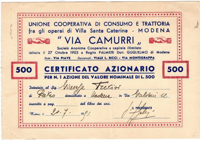 1931Unione Cooperativa di Consumo e Trattoria ''Via Camurri'' Modena az da 500 Lire